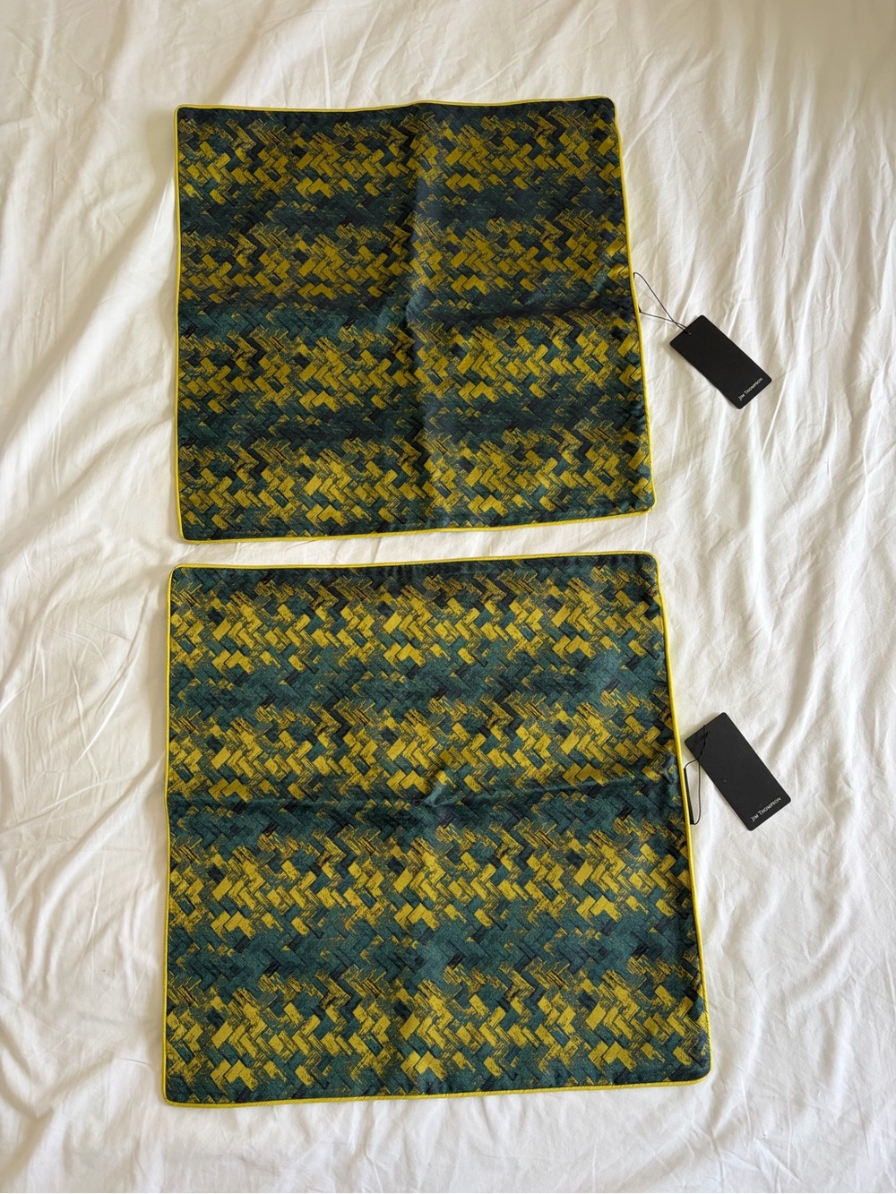 Jim Thompson Yellow & Dark Teal pattwen 100% silk Accent Pillow Covers Set of 2